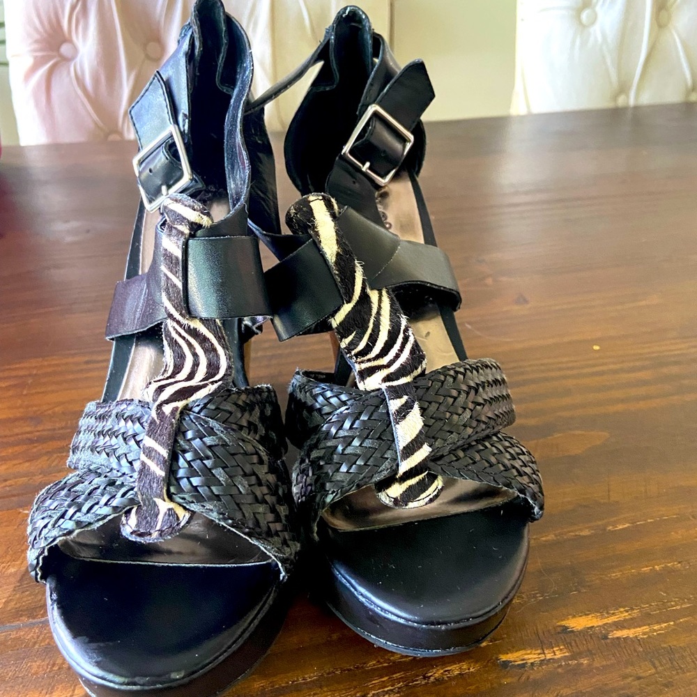 Carlos Black and Leopard Wedge Shoes Size 8 1/2